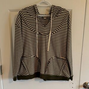 Ethereal Green & Beige Striped Hoodie Distressed V-Neck Pockets Size Medium